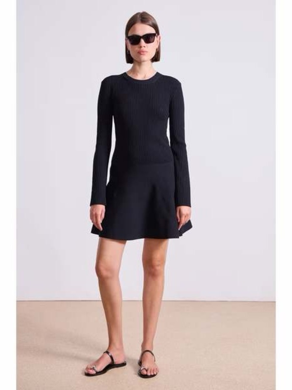 Elegant Black Long-Sleeve Ribbed Fit & Flare Dress